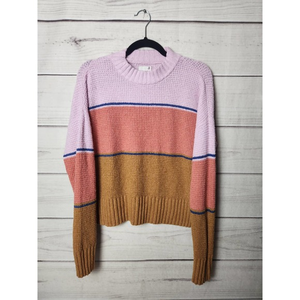 So Womens Striped Waffle Knit Pullover Crew Neck Sweater Purple Tan Coyote Large